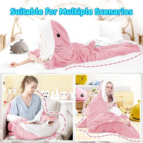 Touchat Shark Blanket Hoodie Onesie, Wearable Blankets Hoodie Adult, Warm Flannel Throw Blanket Tail Sleeping Bag, Cartoon Costume Shark Onesie Funny Gifts for Adults (Pink,M)