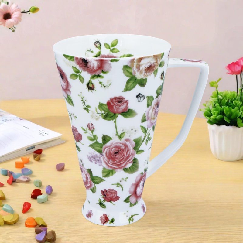 Glen Mila 17oz Cute Coffee Mug for Women Bone China Coffee Mug Cute Mugs Christmas Mugs Birthday Gifts for Mom Friends (white garden flower mug)