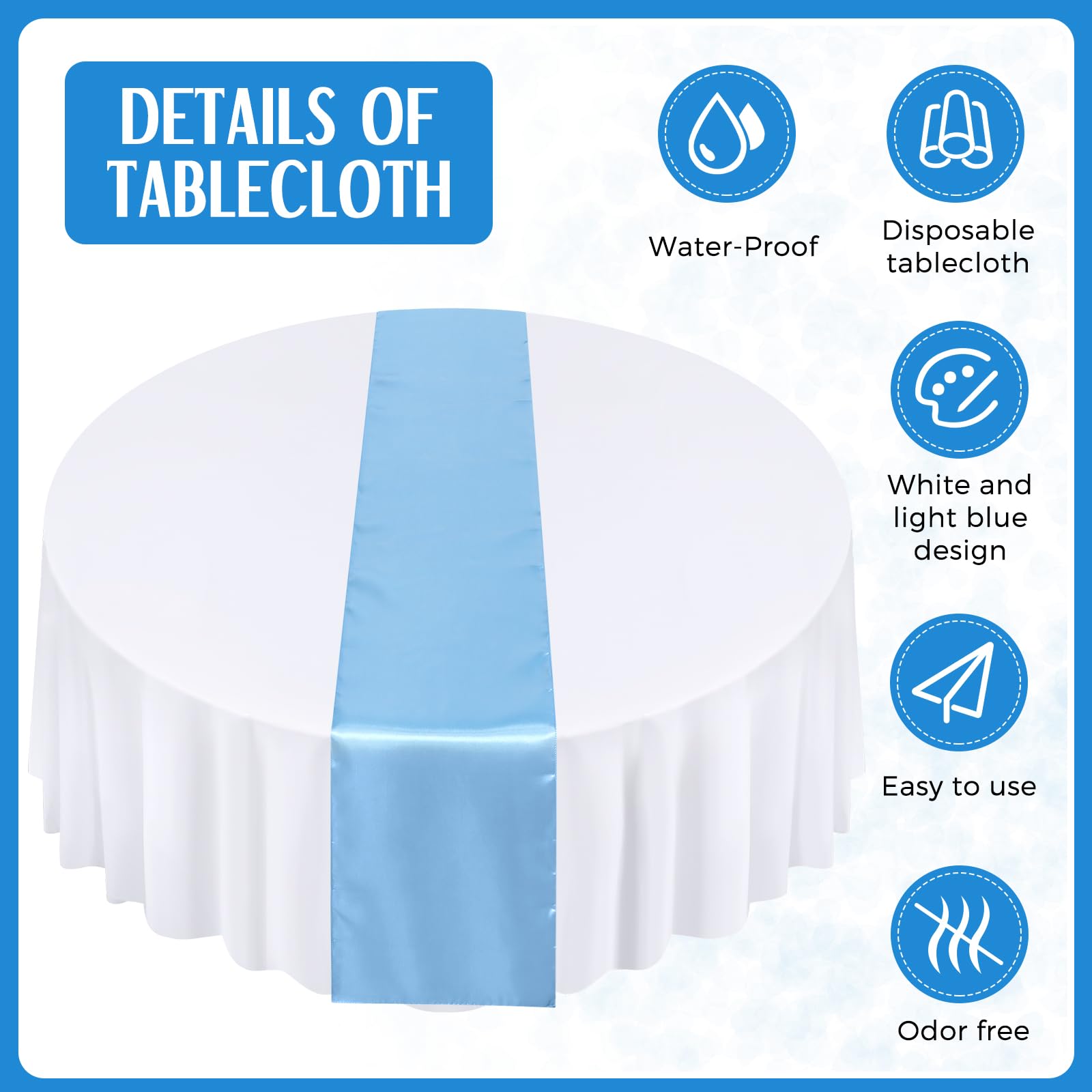 Tudomro 16 Pcs White and Light Blue Round Plastic Tablecloth and Satin Table Runner Set 84 Inch Round Covers 12 x 108 Inch Table Runners for Christmas Wedding Birthday Party Baby Shower