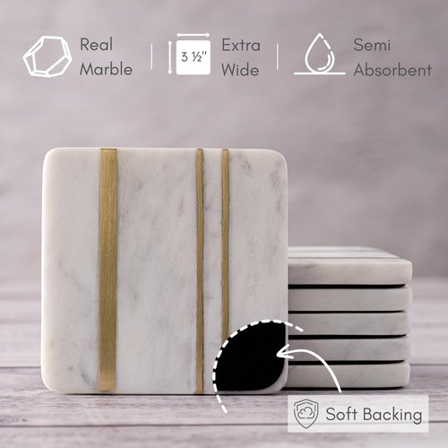 Cork & Mill Marble Coasters Set of 6 - Real Natural Stone - Luxury Aesthetic Square Coasters - Neutral White Marble with Gold Brass Inlay - Semi Absorbent Stone