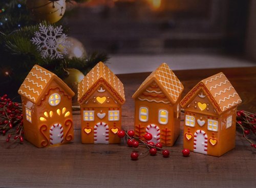 Mark Feldstein & Associates Ceramic Gingerbread Village Houses - LED Lit, 4-Inch, Set of 4