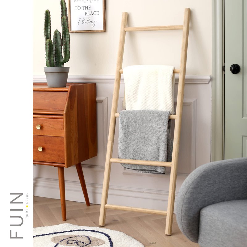 FUIN Fully Assembled 57in Bamboo Blanket Ladders Living Room Wood Decorative Wall Leaning Farmhouse Quilt Display Holder Rustic Wooden Towel Rack for Bathroom, Unfinished