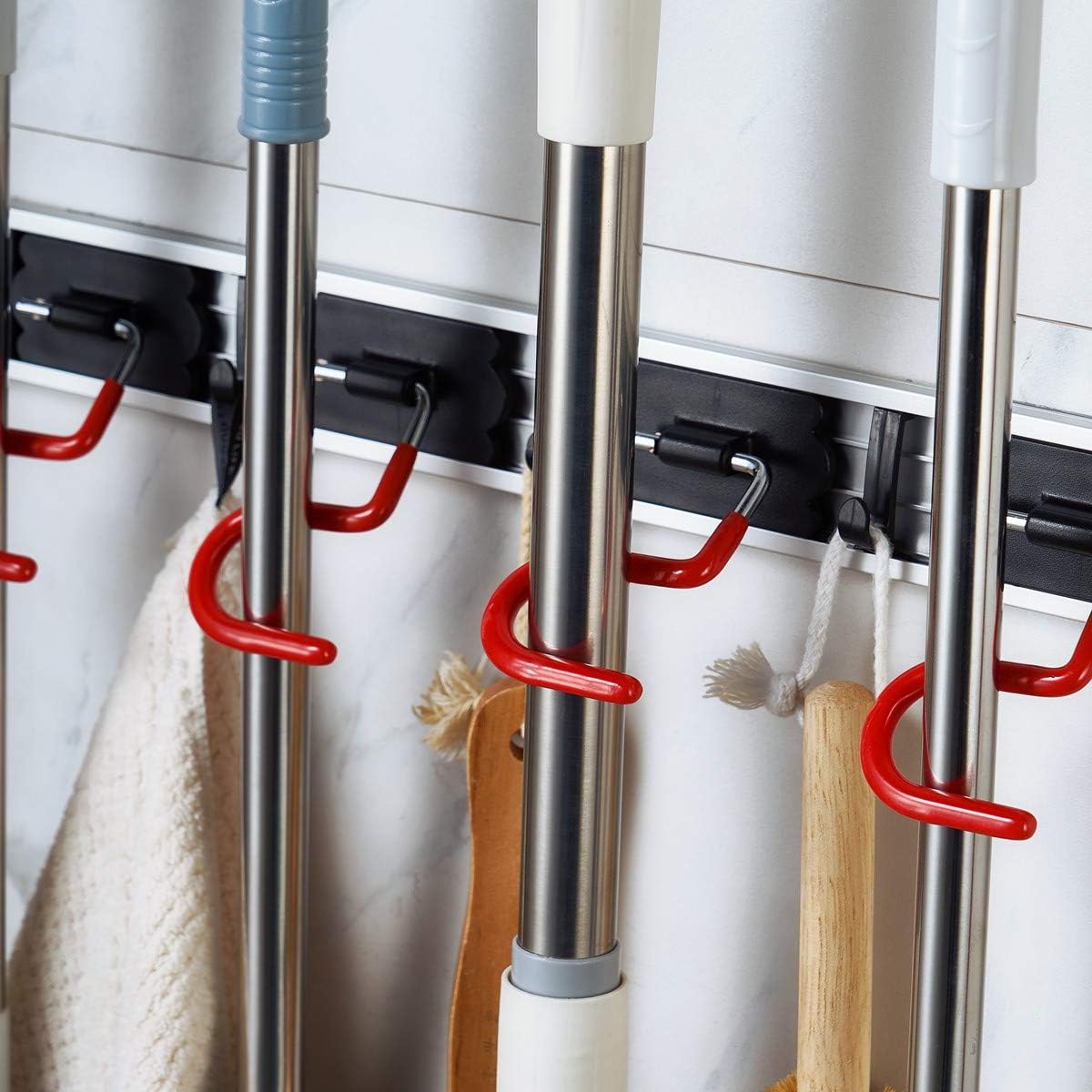Skiennix Wall Mounted Mop and Broom Holder - Stainless Steel Organizer with 4 Positions & 3 Hooks | 17 Inches, Red/Black