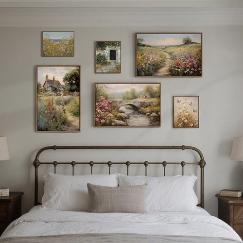 Gardenia Art Framed Canvas Wall Art - Spring Landscape with Mountain Bridge & Blooming Flowers | Perfect for Farmhouse Bedroom Decor