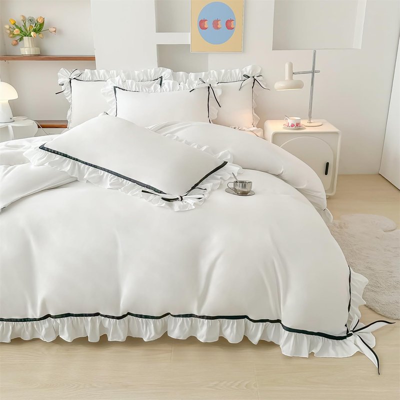 SOUKACH Ruffled Bedding Bow Duvet Cover Set with Butterfly Tie, Soft Brushed Microfiber Shabby Chic Bedding Set with Zipper Closure for Kids Girls-White,Twin