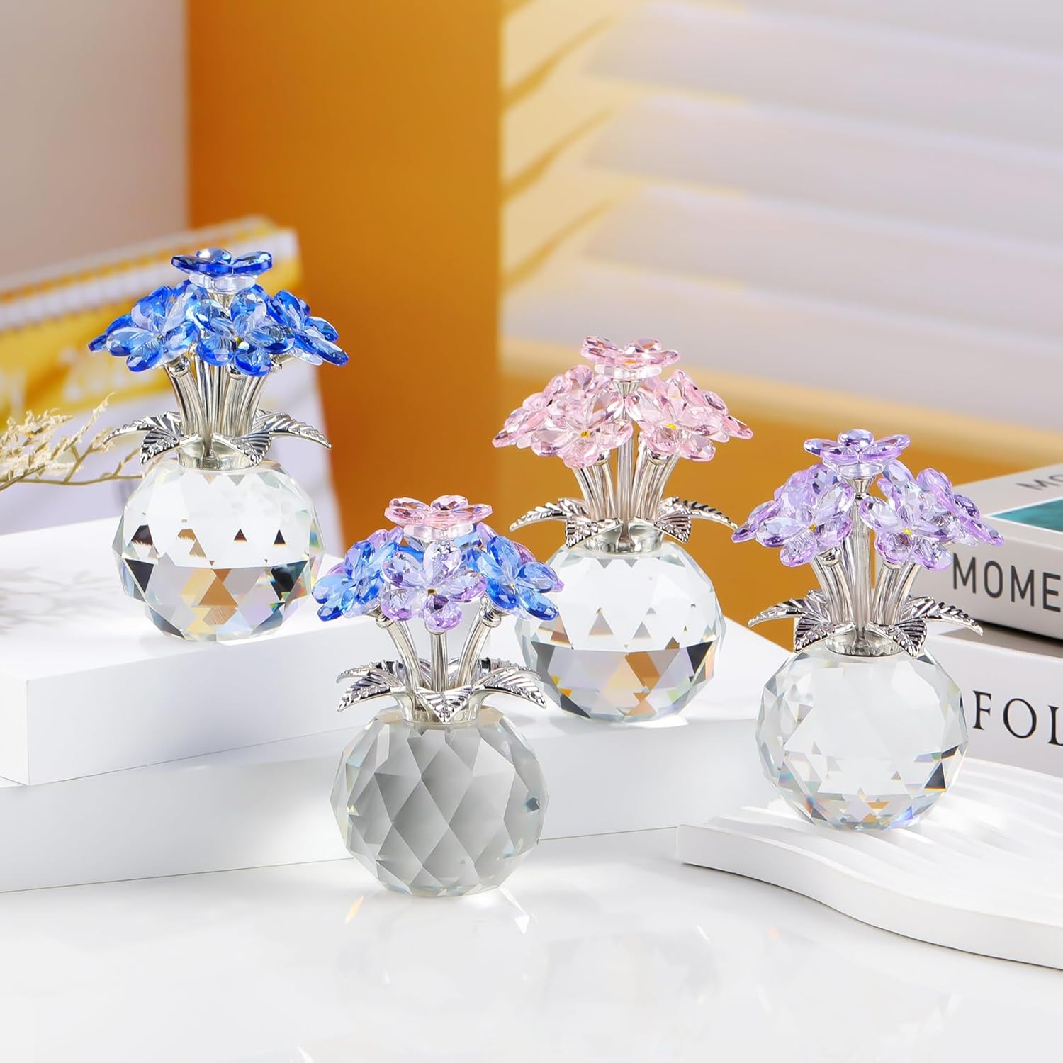 YWHL Blue Crystal Forget Me Not Flowers - Handmade Glass Bouquet Figurine | Perfect Gift for Women