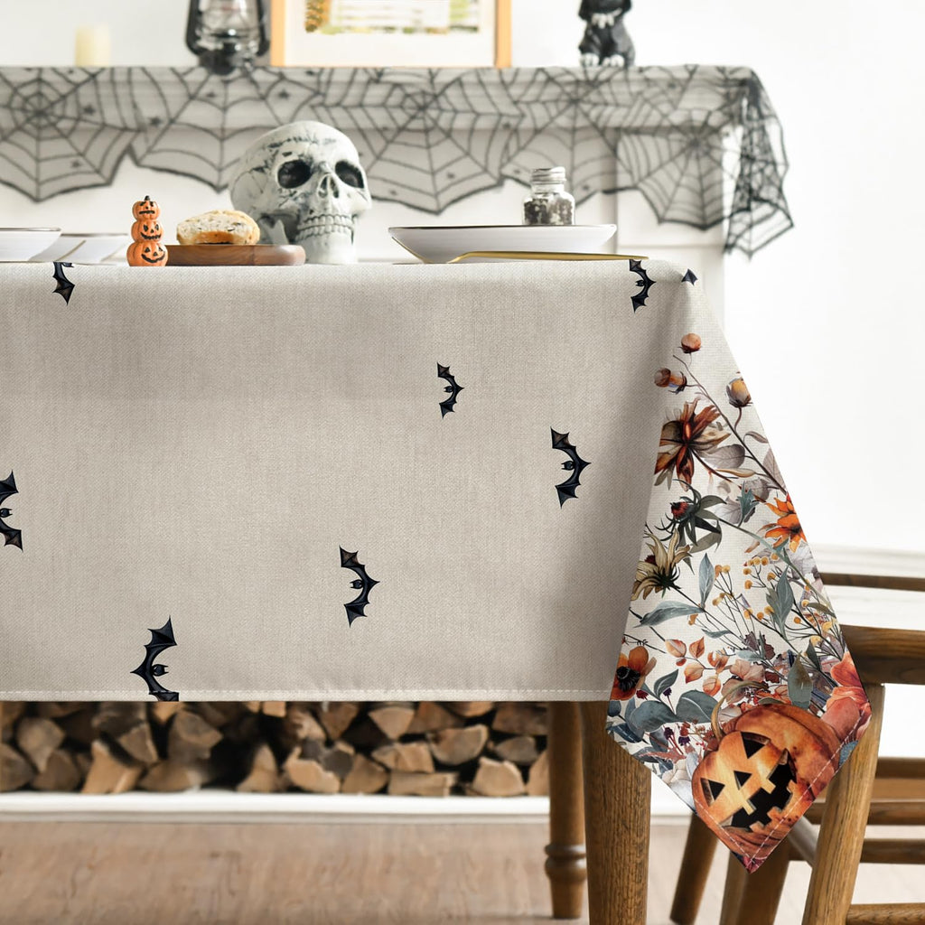 Horaldaily Halloween Tablecloth 52×70 Inch Rectangular, Bat Ghost Pumpkin Flower Washable Seasonal Table Cover for Party Picnic Dinner Decor
