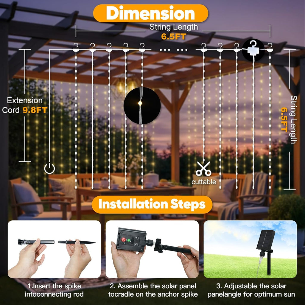 Suddus Solar Tangle-Free Curtain Lights - 200 LED Waterproof Hanging Lights for Christmas & Events