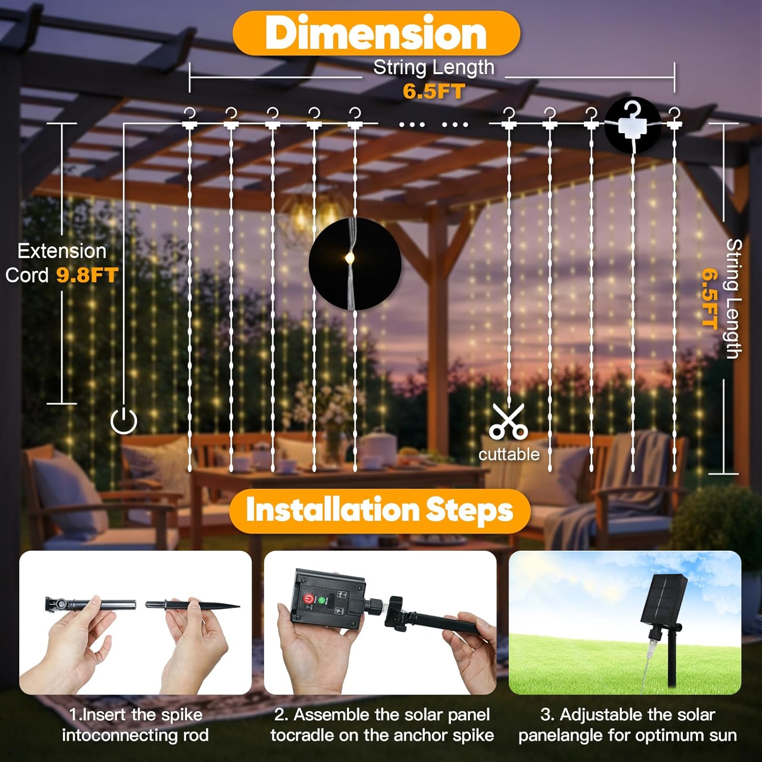 Suddus Solar Tangle-Free Curtain Lights - 200 LED Waterproof Hanging Lights for Christmas & Events