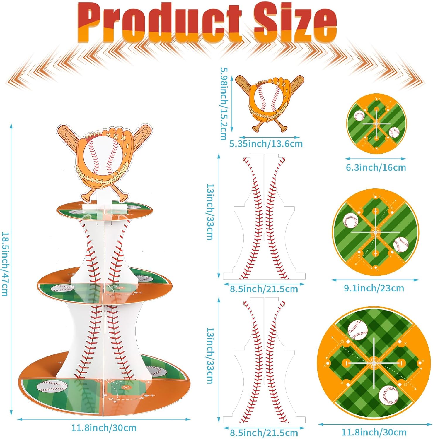 Nuenen Baseball Theme Cupcake Stand - 3 Tier Sports Party Display for Birthday Celebrations