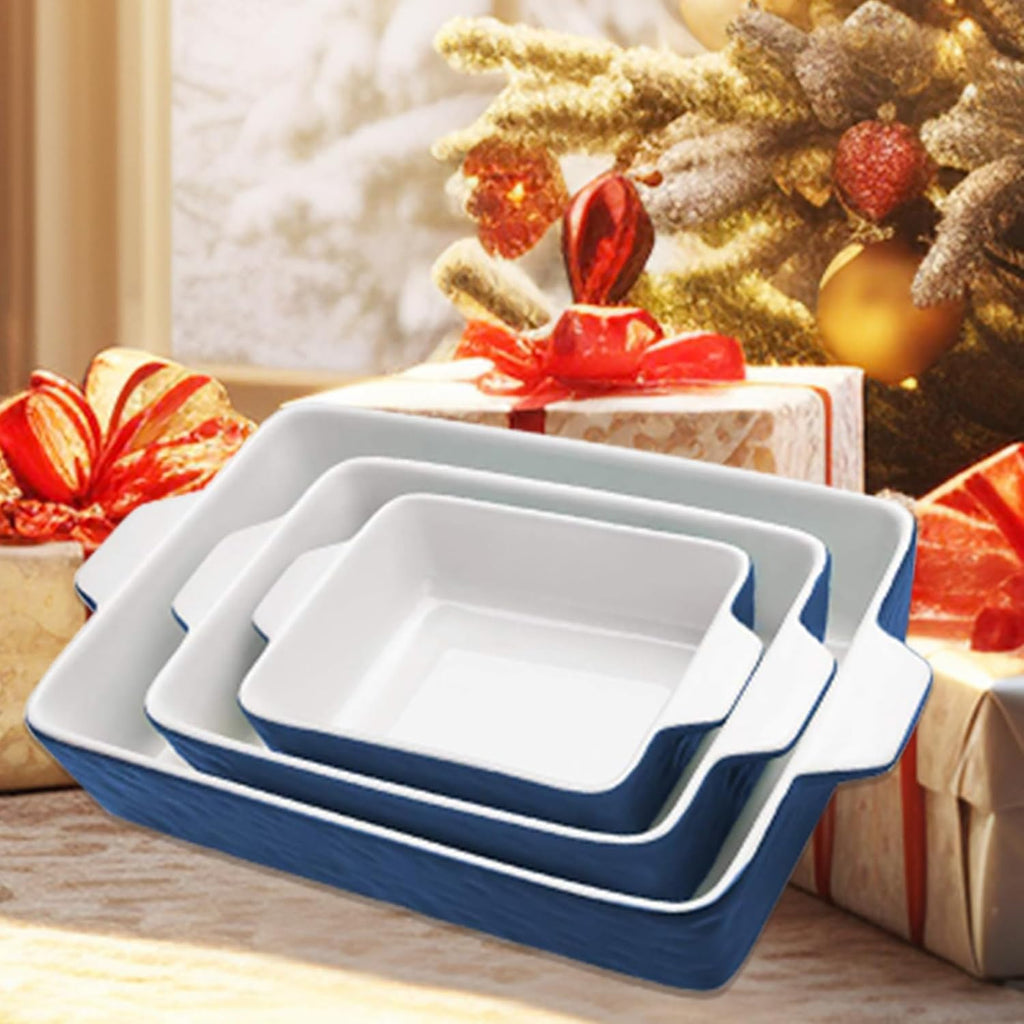 Regine Switzerland Casserole Dishes - Ceramic Baking Pan Set of 3 | Deep Lasagna Dish with Handles (11.6" x 7.8", Dark Blue)