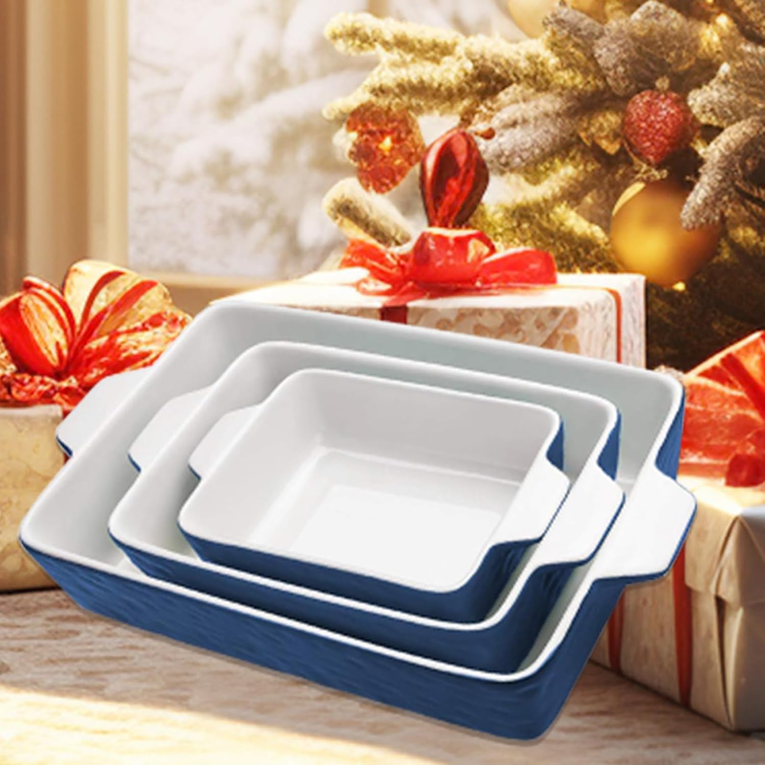 Regine Switzerland Casserole Dishes - Ceramic Baking Pan Set of 3 | Deep Lasagna Dish with Handles (11.6" x 7.8", Dark Blue)