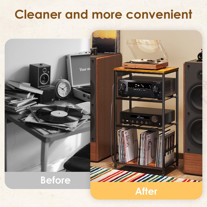 Huxitocan Record Player Stand with Storage, 4 Tier Turntable Stand with Vinyl Record Storage, Stereo Cabinet with Record Holder, Media Stand with Outlets for Entertainment Center