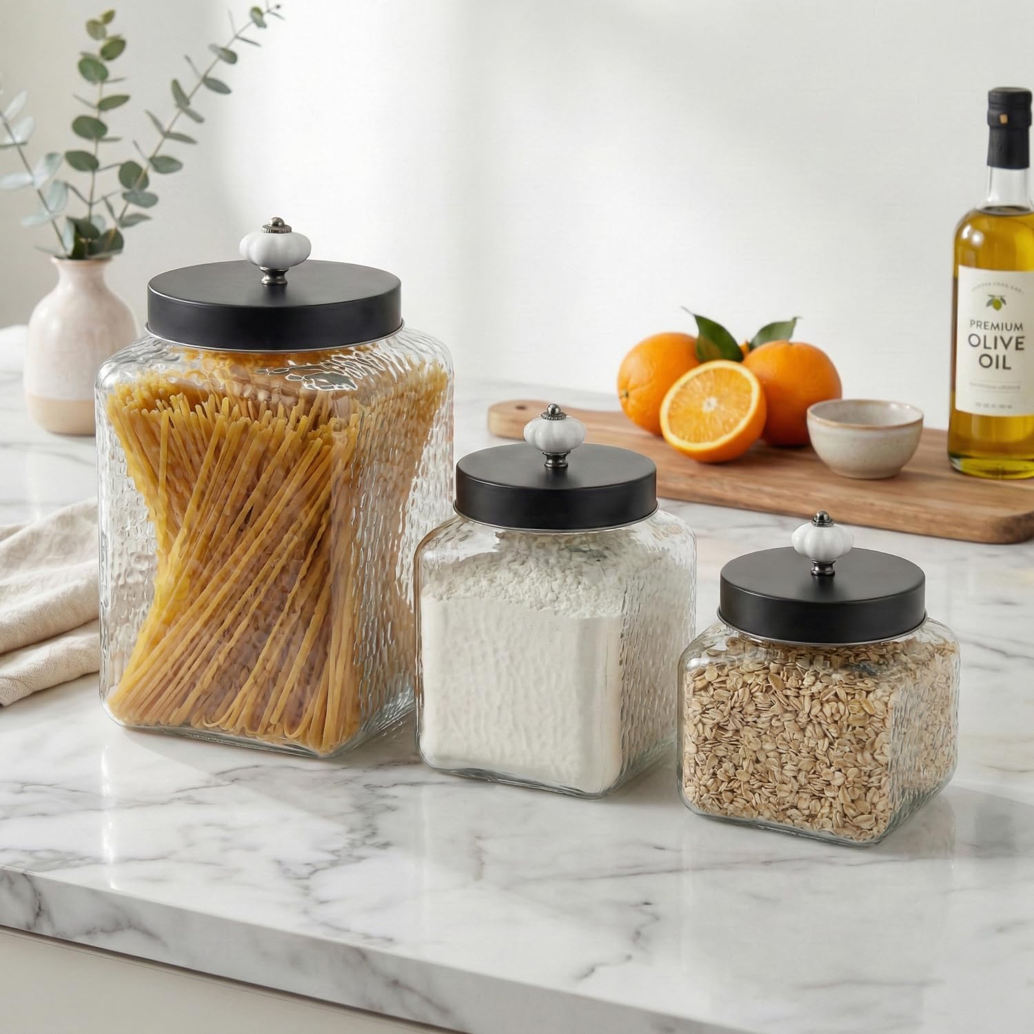 Style Setter Square Canister Set 3-Piece Glass Jars in 43, 64 and 75 ounces Chic Retro Design with Airtight Stainless Steel Lids for Cookies, Candy, Hammered