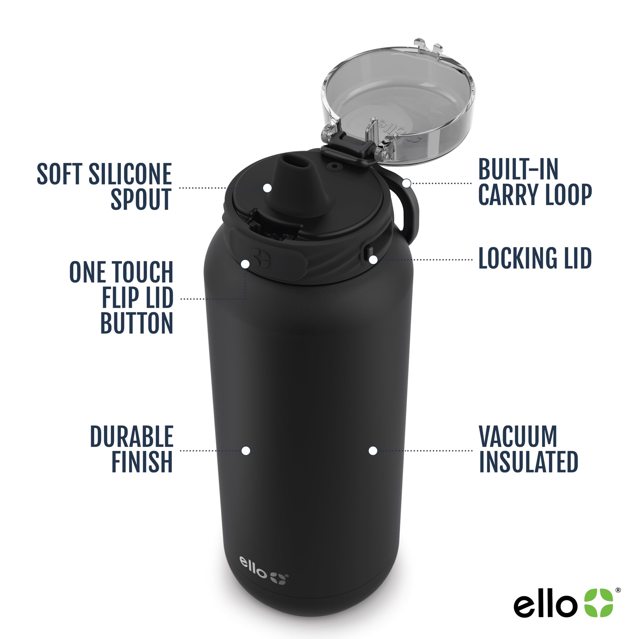 Ello Cooper 18oz Kids Stainless Steel Water Bottle with Straw and Carry Handle, Double Walled and Vacuum Insulated Metal, Leak Proof Locking Lid with Soft Silicone Spout, Reusable, BPA Free, Black