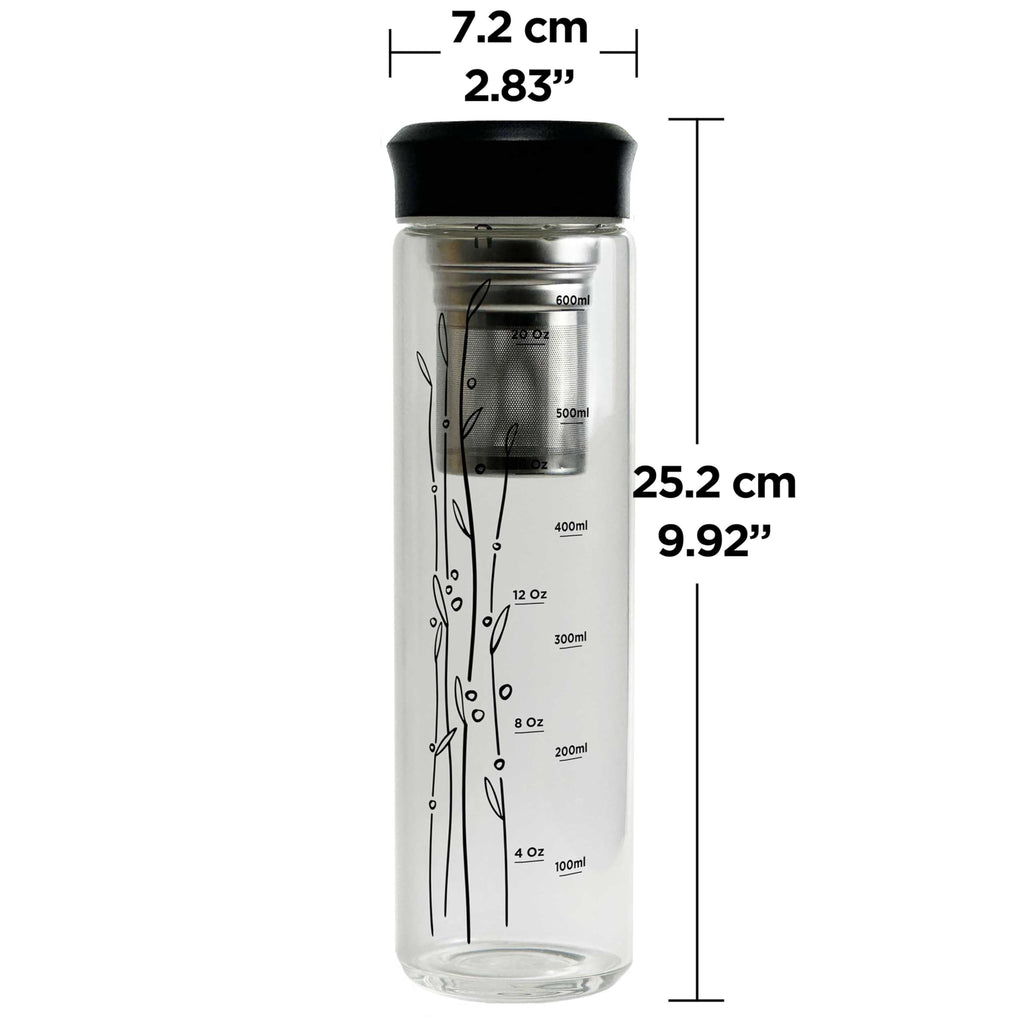drinmoaer 23 oz Glass Water Bottle with Tea Infuser Strainer and Black Stainless Steel Lid - Tea Infuser Bottle