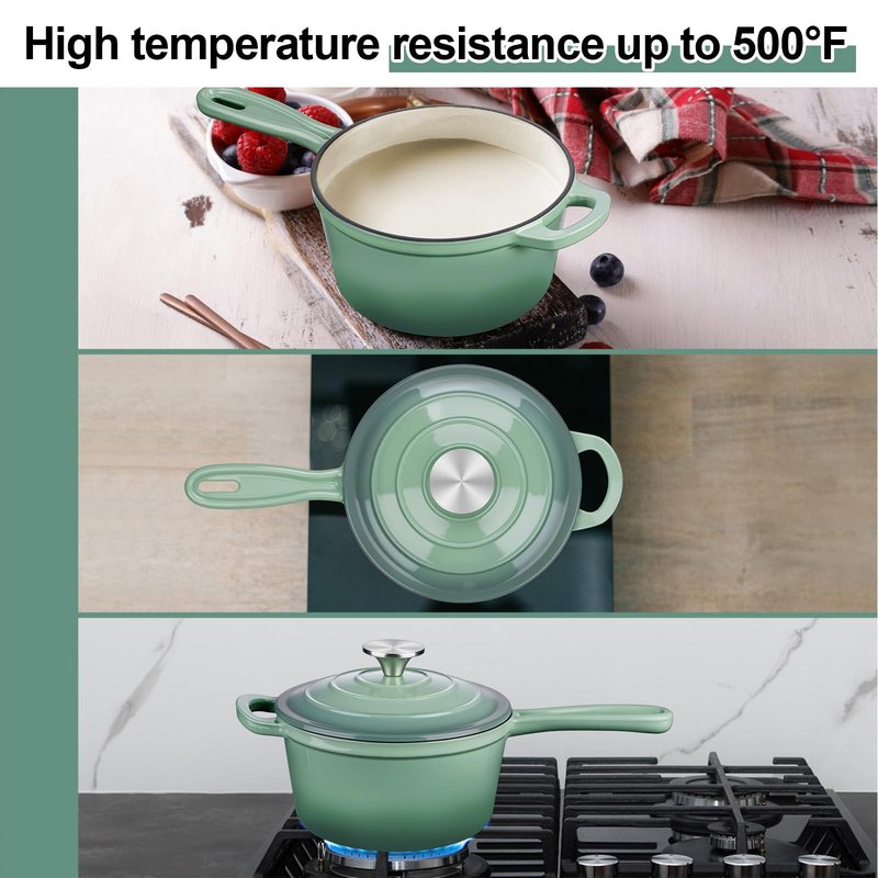 Enameled Cast Iron Sauce Pan with Lid, Leonyo 1 Quart Saucepan with Lid, Enamel Cast Iron Dutch Oven Kitchen Cookware for All Cooktops Cooking Soup, Milk - Up to 500°F & 4.4Lbs, Pistachio Green