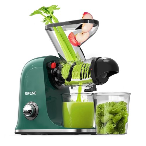 SIFENE Cold Press Juicer Machine, Mini Slow Masticating Juicer with Dual Feed Chute, Compact Electric Juice Extractor for Celery Ginger & Fruit, Easy Clean, Green