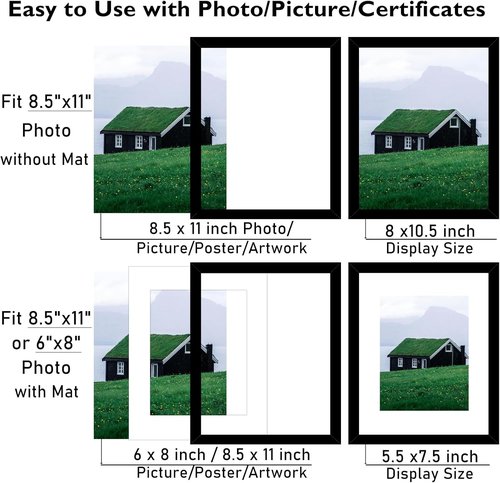 JCJMY Picture Frame Set of 2 - 8.5x11 for Wall/Tabletop | Includes 6x8 Mat, Black Finish