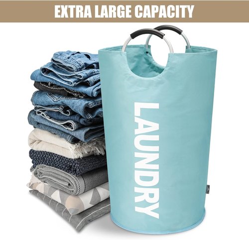 DOKEHOM Large 95L Laundry Basket - Collapsible & Freestanding Clothes Hamper | Light Blue