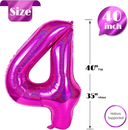 Laser Hot Pink Number 4 Balloon - 40 Inch Large Birthday Decoration for Girls' 4th Party