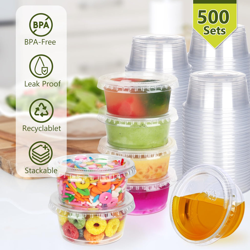 OcePor 2oz 500 Sets Jello Shot Cups with Lids, Condiment Containers with Lids, Sauce Containers for Salad Dressing, Snacks, Jello, Condiment Cups, Meal Prep Containers (transparent)