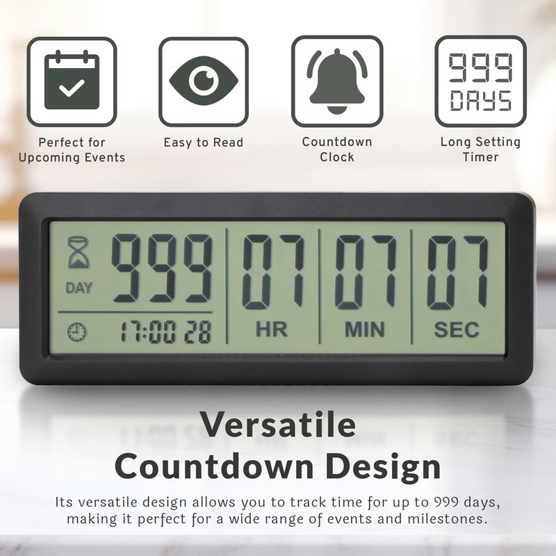 Countables - Large LCD Digital Countdown Clock - Up to 999 Days - Countdown and Retirement Timer, Count Down Clock for Retirement, Big Display Large Digital Timer for All Events (Black)