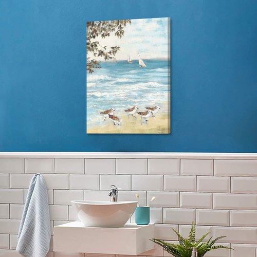 summer melody Beach Sandpiper Painting Wall Art: Coastal Sea Bird Canvas Abstract Ocean Artwork for Bedroom Seashore Seagull Picture Seaside Nature Prints Blue Seascape Art