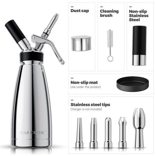 OSJCOOK Whipped CreamDispenser Stainless Steel & Aluminum (Single layer, 500ml)