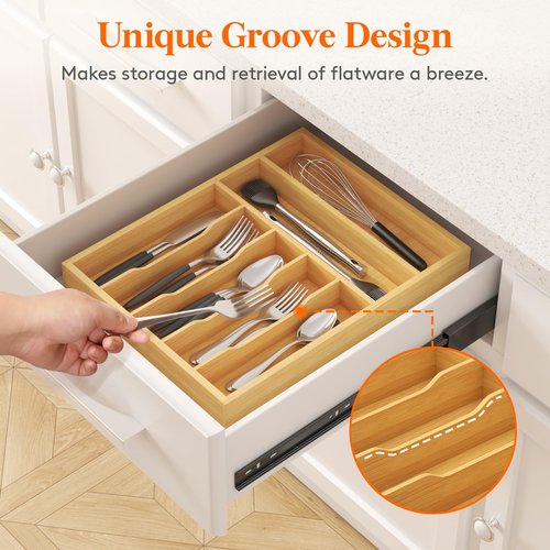 Lifewit Silverware Drawer Organizer, Utensil Tray for Kitchen, Flatware and Cutlery Holder, Storage for Spoons Forks Knives, 33 x 42cm, Natural