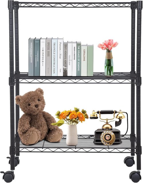 BestOffice 3-Tier Wire Storage Shelves - Heavy-Duty Metal with Wheels | Adjustable Racks | 23x13x31 | Black | Easy No-Tool Assembly