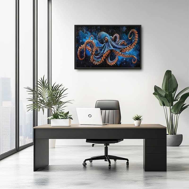 Octopus Wall Art Blue Space Octopus Pictures Wall Decor Galaxy Canvas Prints Framed Artwork Paintings Coastal Home Office Decorations for Living Room Bedroom Dinning Room 36"x24"