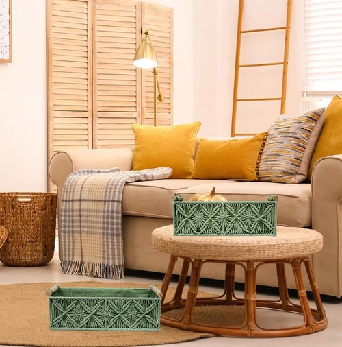 HOSROOME Macrame Boho Decor Baskets - Stylish Woven Organizers for Home & Nursery | Set of 2, Green