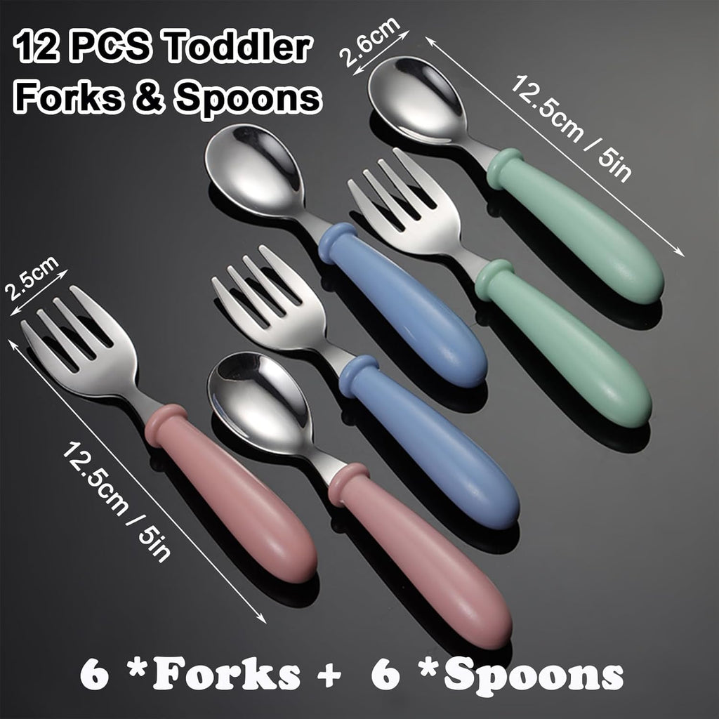 Skiennix Toddler Utensils Set - 12-Piece Stainless Steel Forks & Spoons | Dishwasher Safe, Round Handle