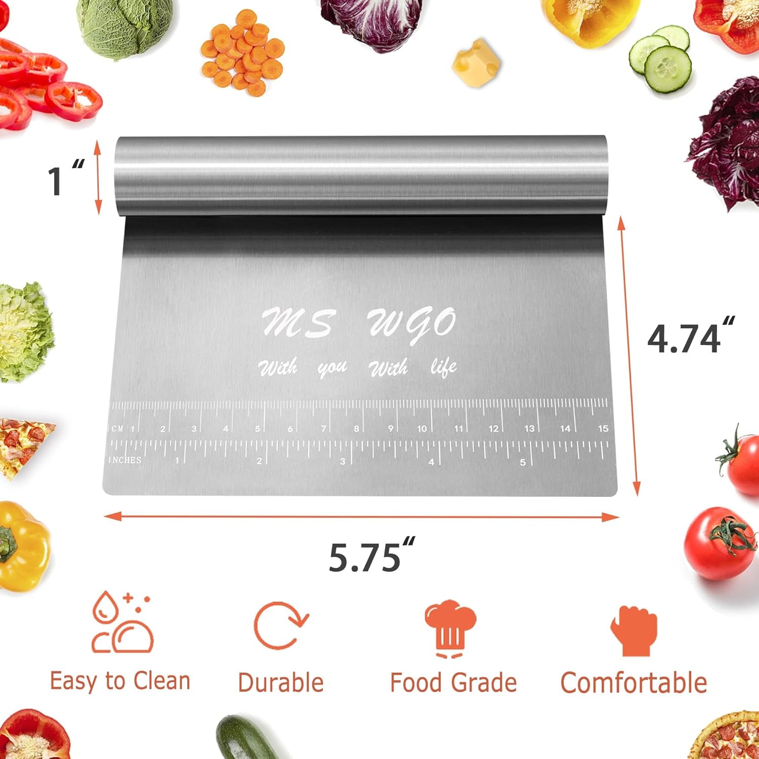 Pro Dough Stainless Steel Pastry Scraper - Mirror Polished Cutter with Measuring Scale for Baking