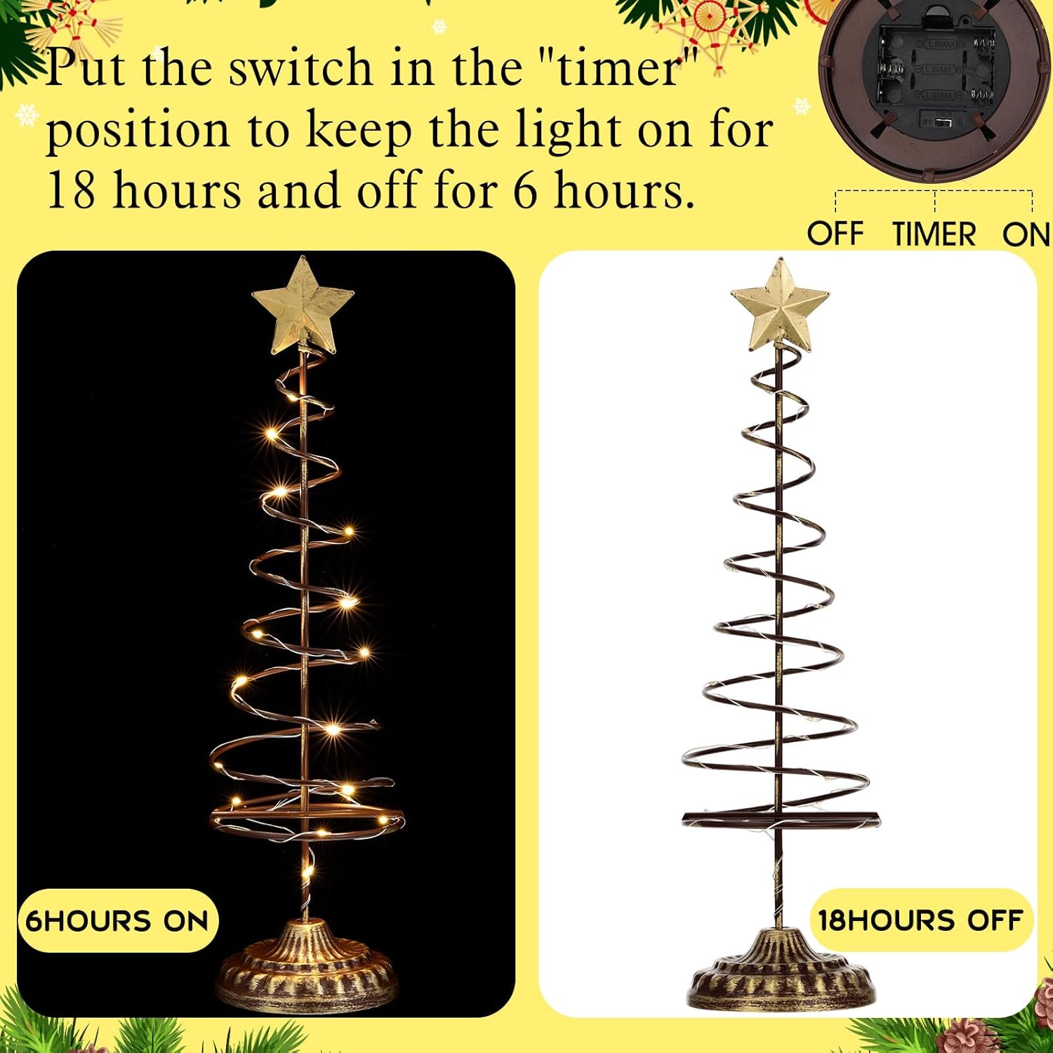 Skiennix Lighted Christmas Tree Table Decoration - Set of 2 Mini Prelit Xmas Trees with Golden Star | Battery Operated, Gold