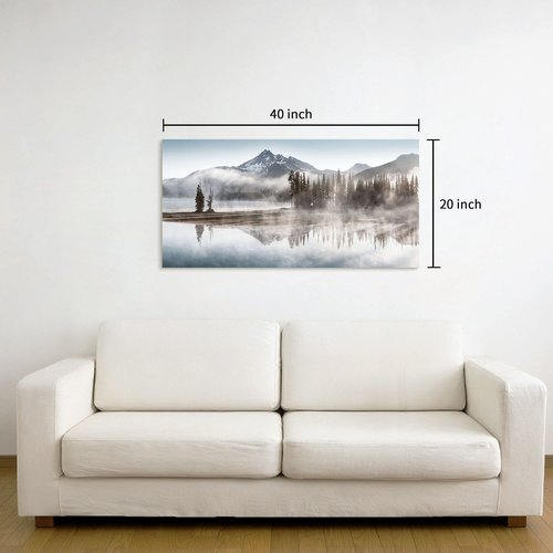 WALLSUP DECOR Forest Mountain Art Canvas Picture - Landscape Nature Shadow Lake Painting Modern Snowy Misty Mountains Wall Print with Pine Tree Artwork for Living Room Office