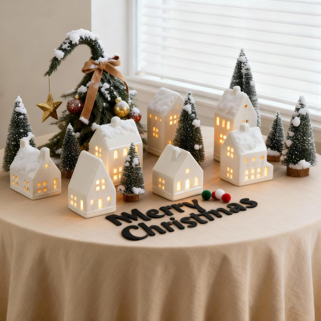 Skiennix Christmas Village Set - 7 White Ceramic Houses with LED Tea Lights & Mini Trees | Festive Indoor Decor for Fireplace & Tabletop