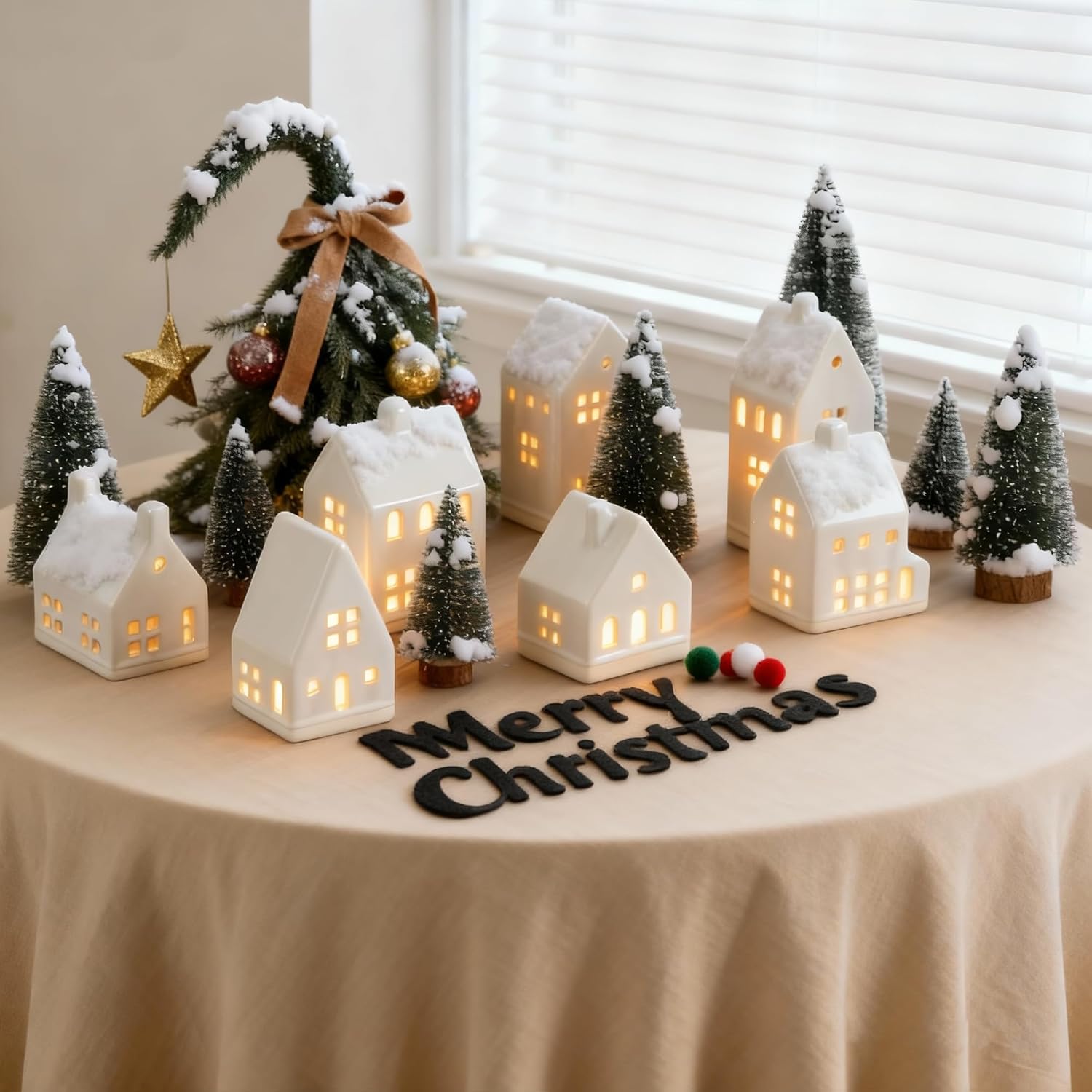 Skiennix Christmas Village Set - 7 White Ceramic Houses with LED Tea Lights & Mini Trees | Festive Indoor Decor for Fireplace & Tabletop