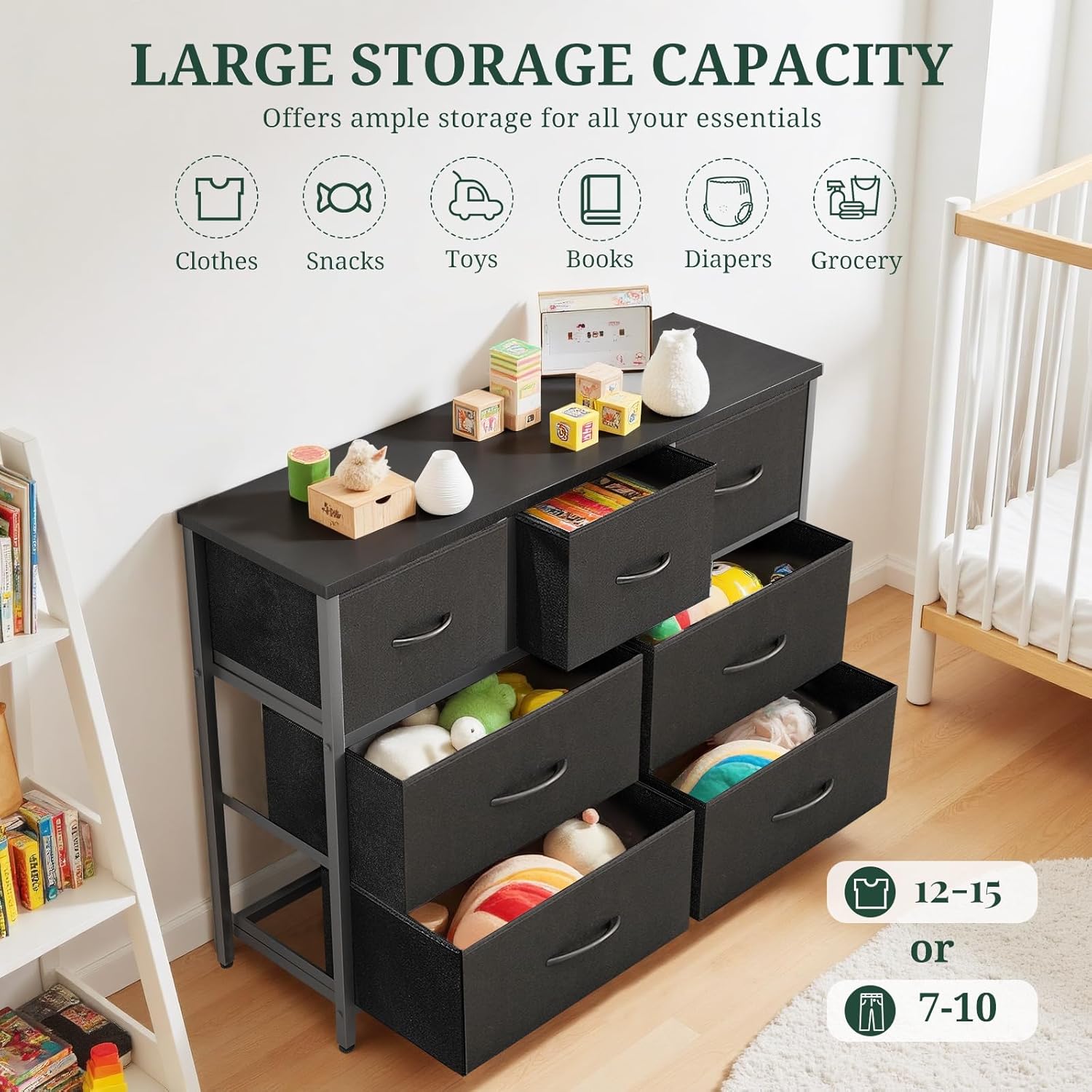 Skiennix 7-Drawer Dresser - Anti-Tip Fabric Storage Organizer with Wooden Top | Black, Versatile for Bedroom & Living Room