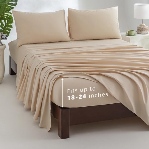 Jessrydo 100% Cotton Sheets King Size Sheets Deep Pocket Fits 18"-24" Mattress Luxury Soft Breathable Cooling Beige Cotton King Sheet Set 4 Pieces Cotton Bed Sheets