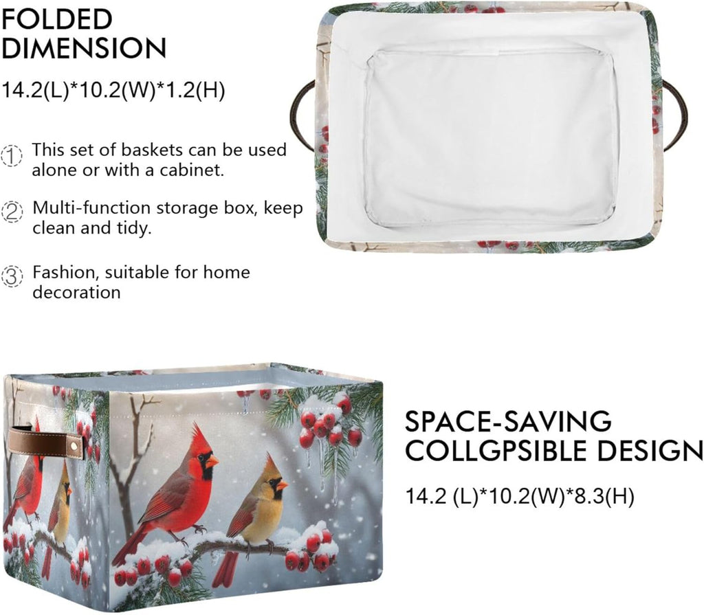 Winter Cardinal Birds Fabric Laundry Basket - Stylish Snow Storage Organizer for Baby Clothes & Toys | 16x12x8