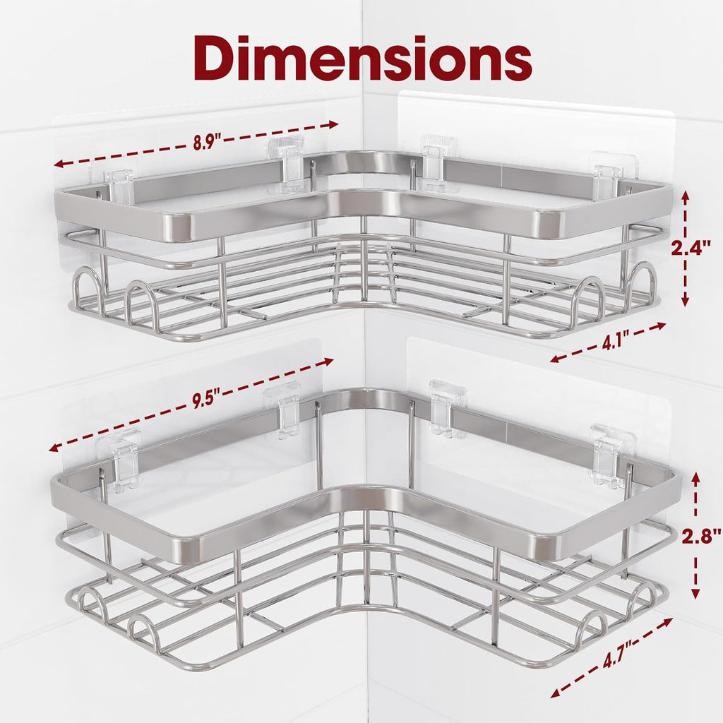 Sakugi Corner Shower Caddy - Rustproof Stainless Steel Organizers with 8 Hooks | No Drilling, Space-Saving, Silver, 2 Pack