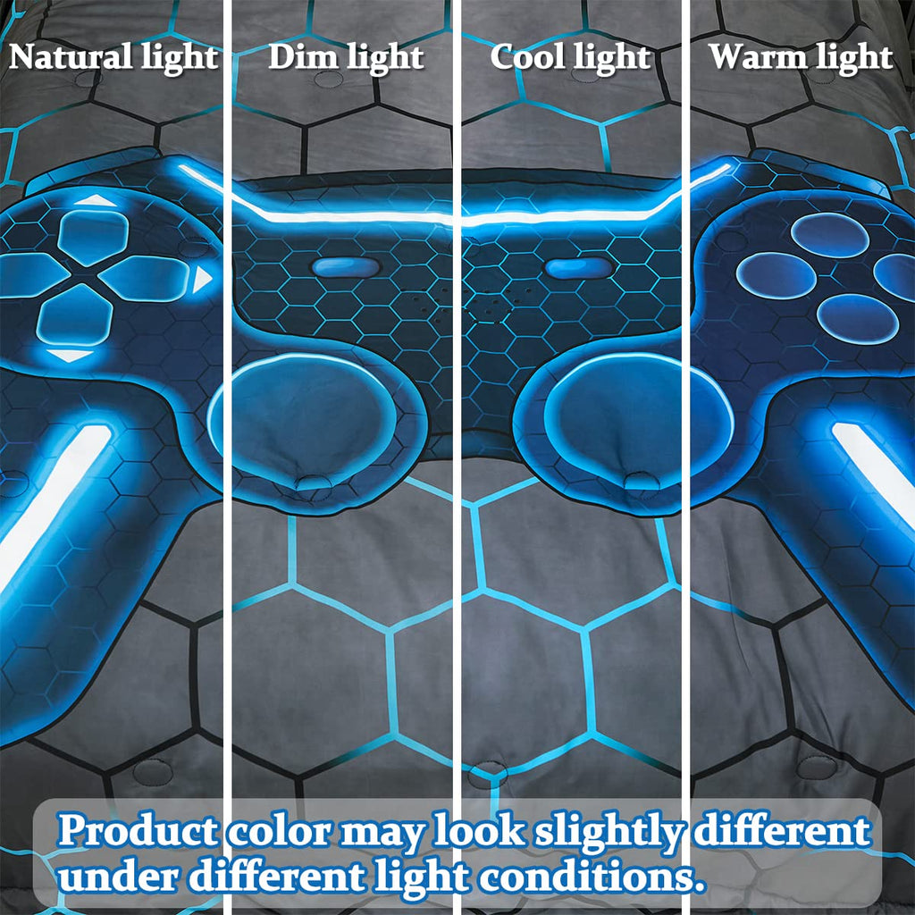 Tasselily Game Console Blue Comforter Set with Sheets, 6 Pcs Bed in A Bag Geometric Lightweight Boys Full Size Bedding Set for Kids Teens