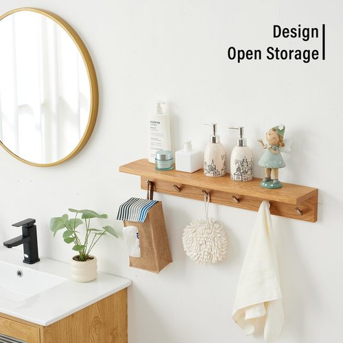 Rsuwiz Wall Hooks with Shelf Oak Wood Coat Rack Shelf Wall Mounted, Entryway Shelves with 6 Metal Hangers for Clothes Hats Towel for Bathroom, Bedroom, Living Room (Natural, 27.5 inches)
