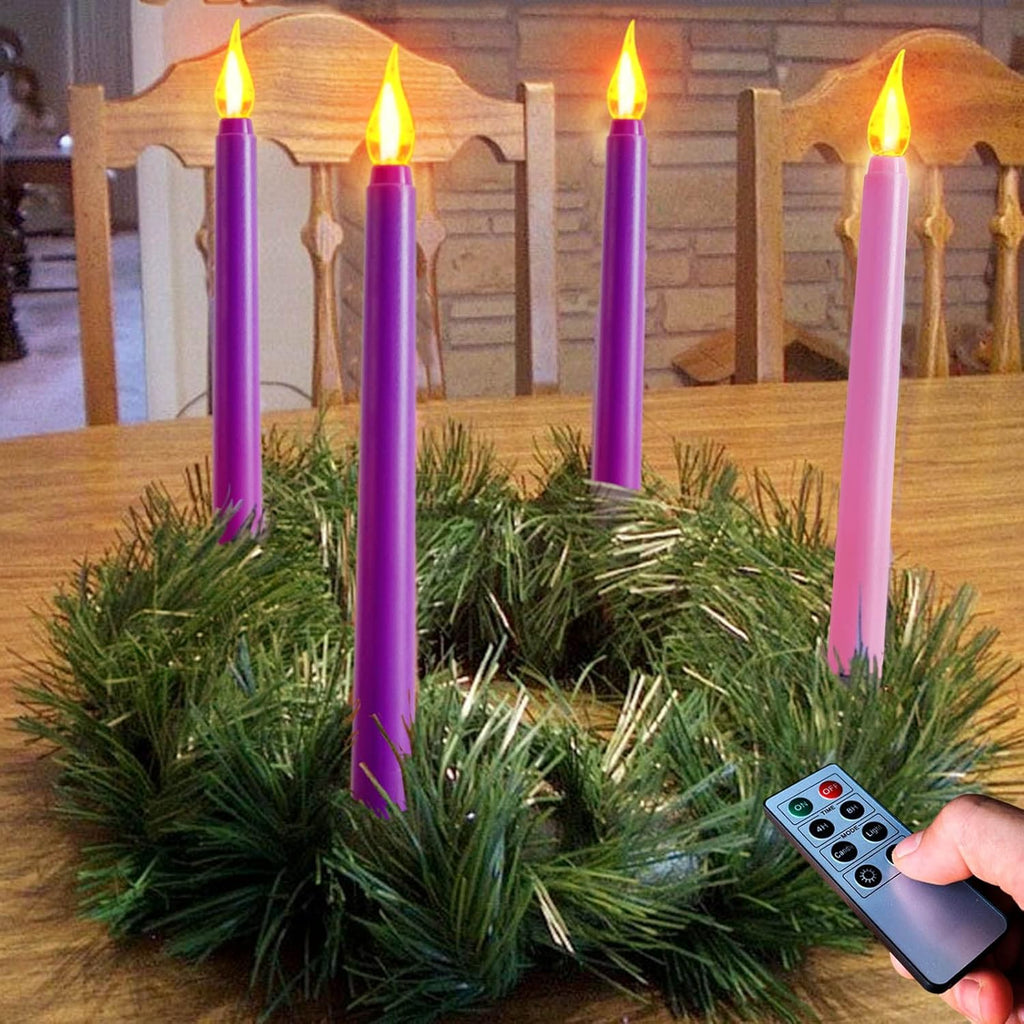 Regine Switzerland Flameless Taper Candles - Set of 4 Battery Operated Flickering Candles in 3 Purple & 1 Pink