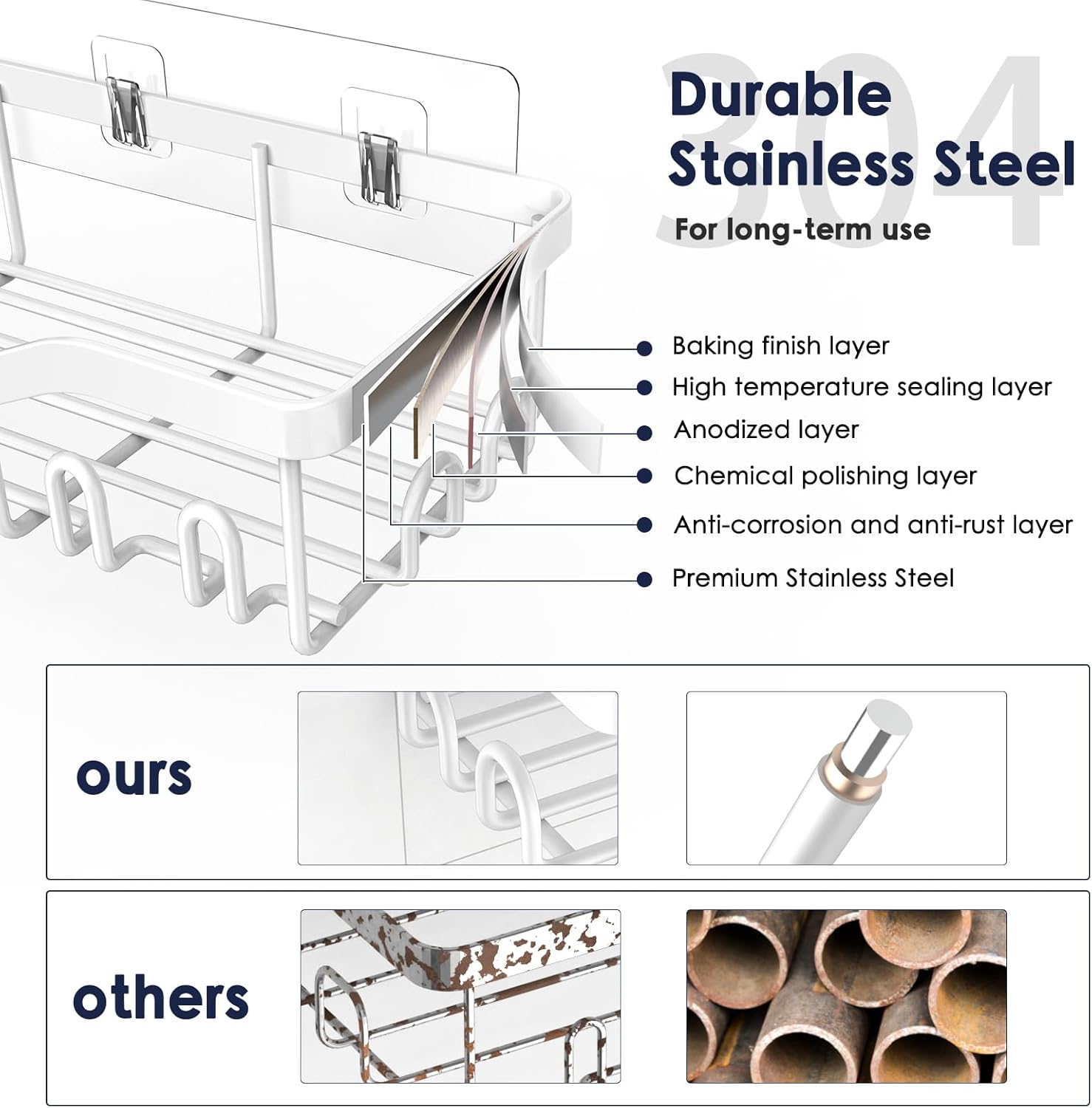 NESOMI Shower Caddy - Rustproof Stainless Steel Organizer with Large Capacity | 7-Pack No-Drill Storage Accessories