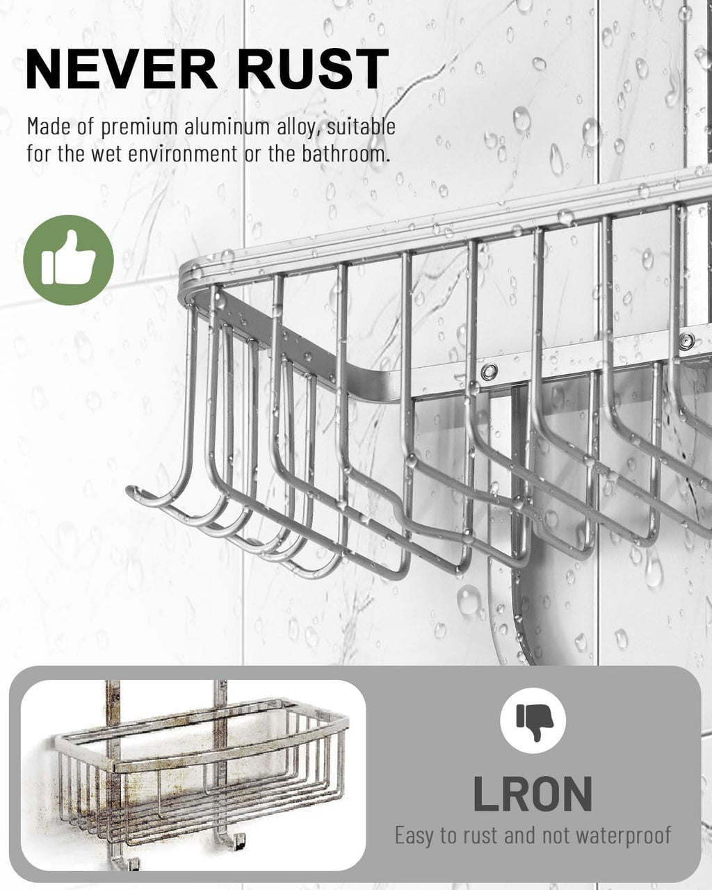 Regine Switzerland Shower Caddy - Rustproof Aluminum Overhead Organizer with 6 Hooks for Razors & Sponges | Silver