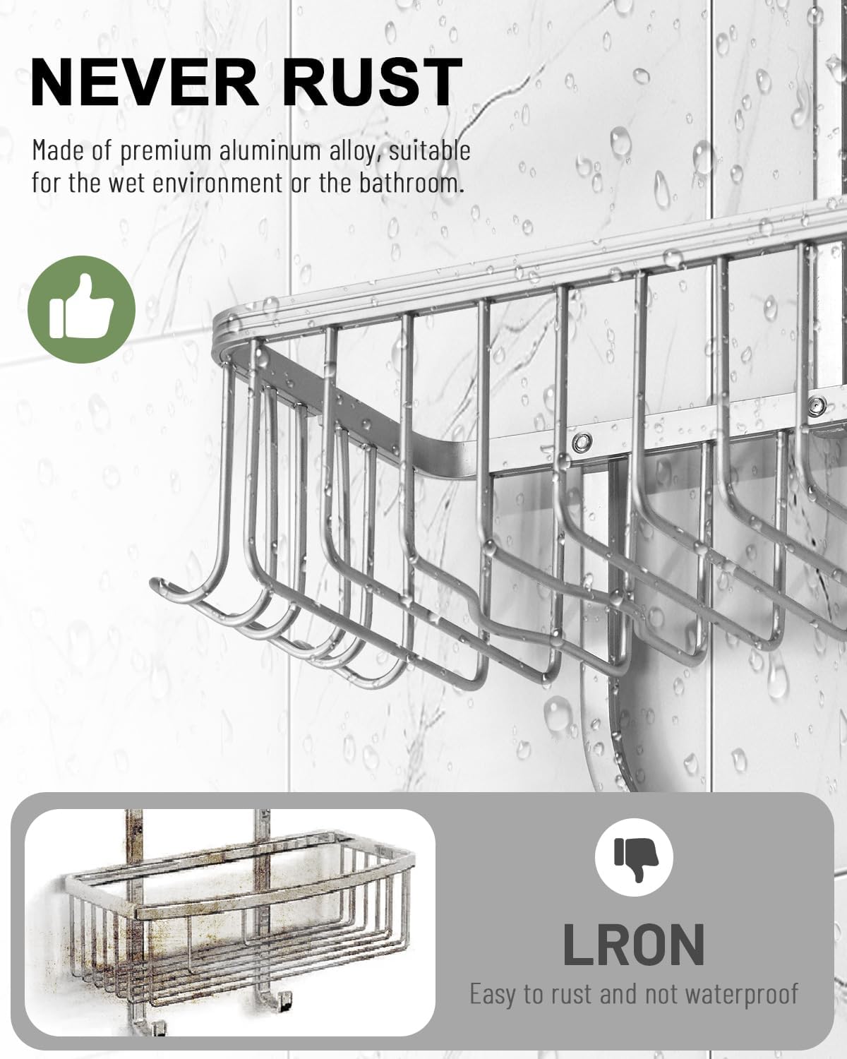 Regine Switzerland Shower Caddy - Rustproof Aluminum Overhead Organizer with 6 Hooks for Razors & Sponges | Silver