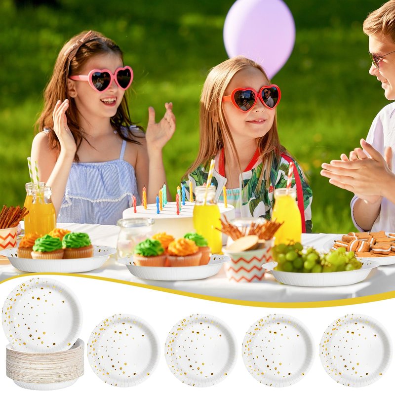 Yiyiring 60 Pack White and Gold Paper Bowls 7 Inch Disposable Gold Dot Paper Bowls for Party Birthday Supplies Round Snack Dessert Salad Disposable Tableware for Wedding, Engagement, Baby Shower